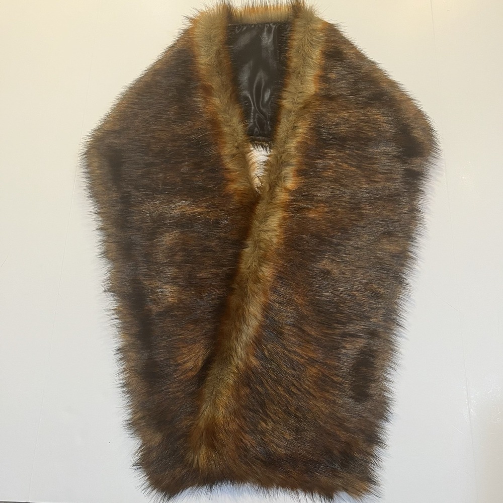 Faux Fur Stole Scarf Tortoiseshell Amber Brown Retro Glamour Neck Wrap Pull Thru